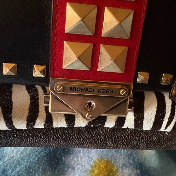 Michael Kors Cece Black Leather Crossbody Red Studded Strap and Zebra Accent - Picture 3 of 9